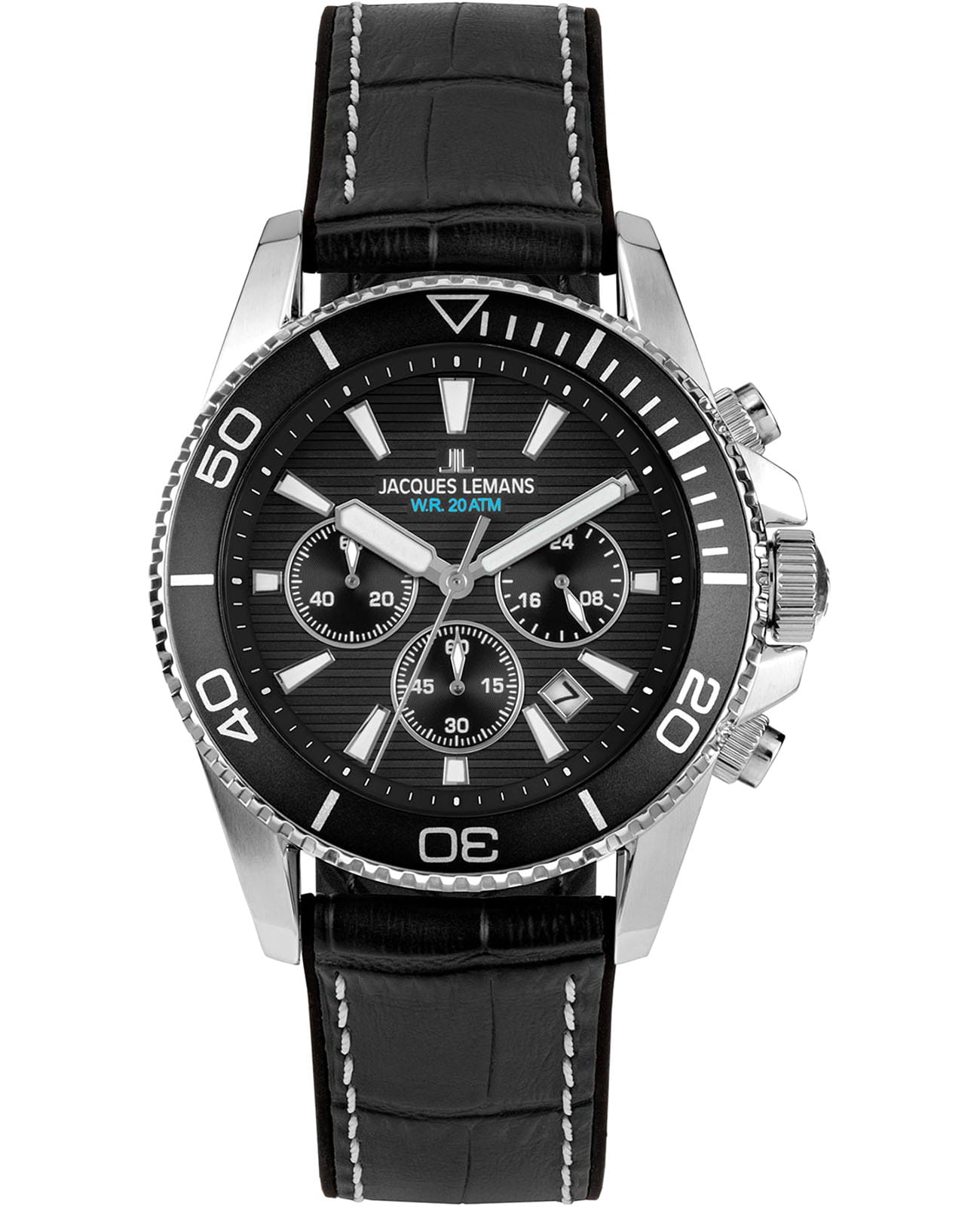 Jacques Lemans Jacques Lemans Liverpool Diver 1-2206A  1-2206A кварцевые мужские часы черный циферблат, браслет кожа + силикон — вид спереди