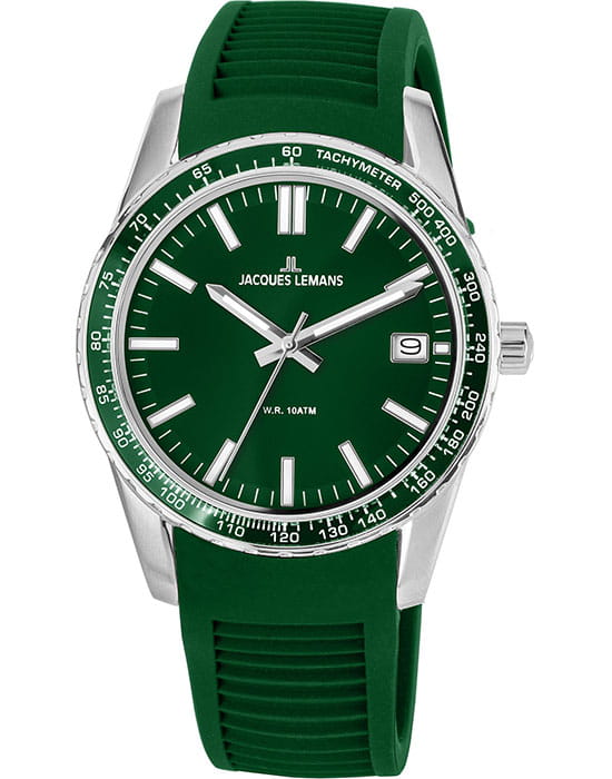 Jacques Lemans Jacques Lemans 1-2060D  1-2060D кварцевые мужские часы зеленый циферблат, браслет силикон — вид спереди