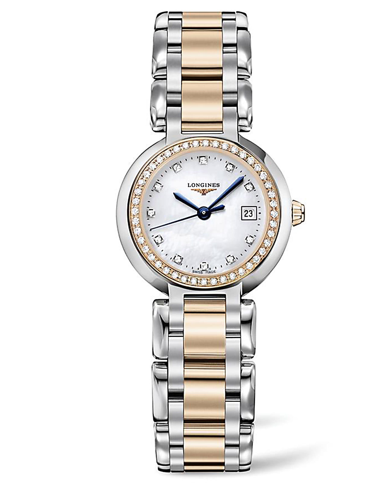 Longines Longines PrimaLuna L8.110.5.89.6  L81105896 кварцевые женские часы белый циферблат, браслет нержавеющая сталь + золото 18к — вид спереди