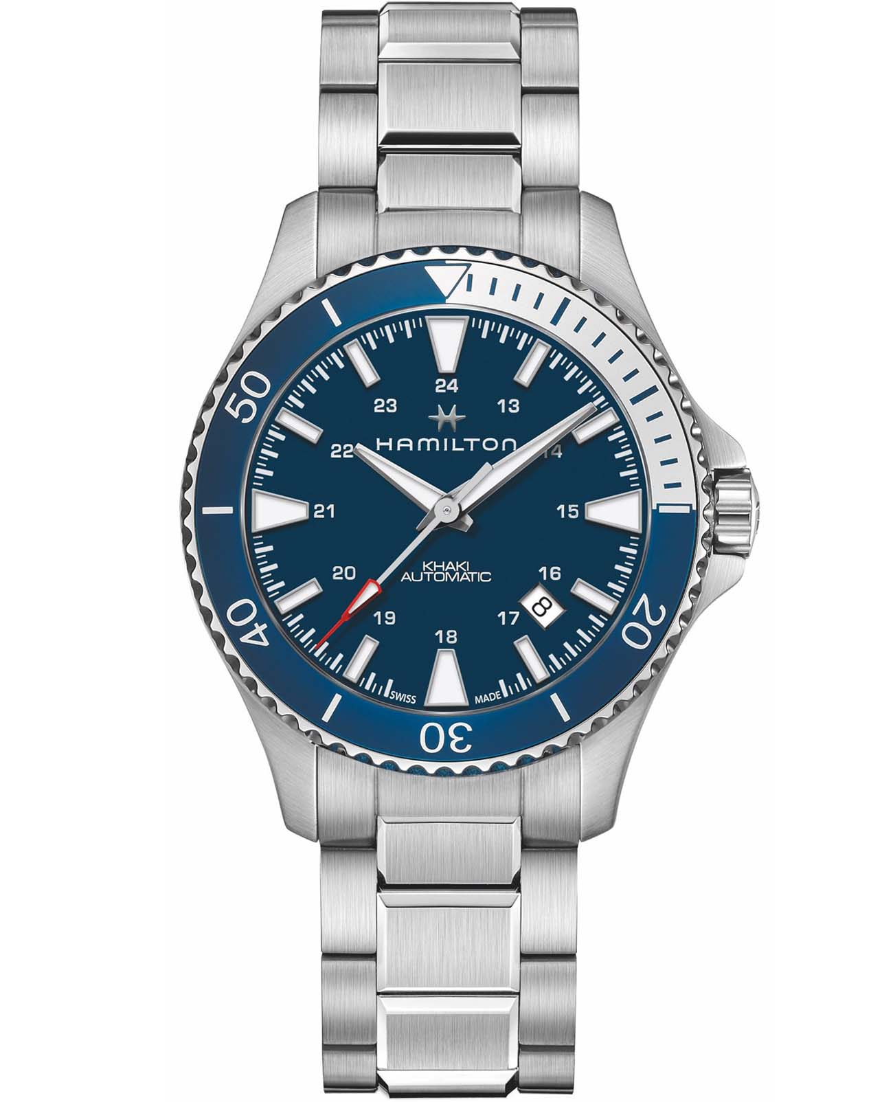 Hamilton Hamilton Khaki Navy Scuba Auto H82345141  H82345141 механические мужские часы синий циферблат, браслет нержавеющая сталь — вид спереди