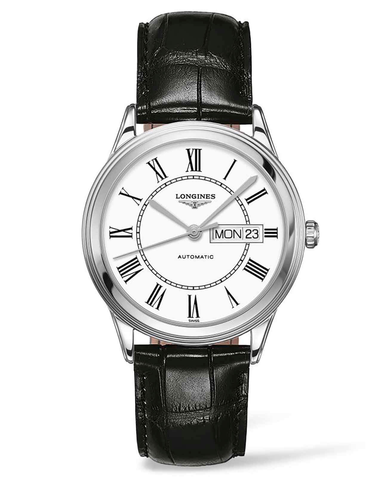 Longines Longines Flagship L4.899.4.21.2  L48994212 механические мужские часы белый циферблат, браслет кожаный — вид спереди