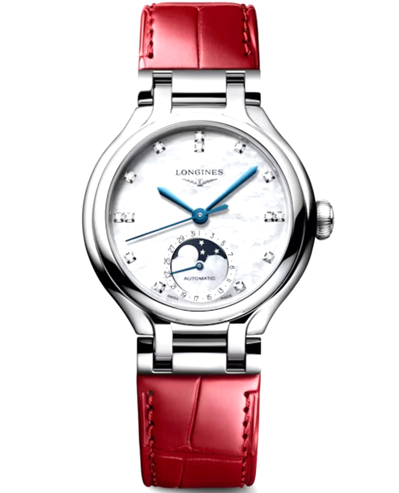 Longines Longines Elegance PrimaLuna Moonphase L8.126.4.87.2  L81264872 механические женские часы перламутровый циферблат, браслет кожаный — вид спереди