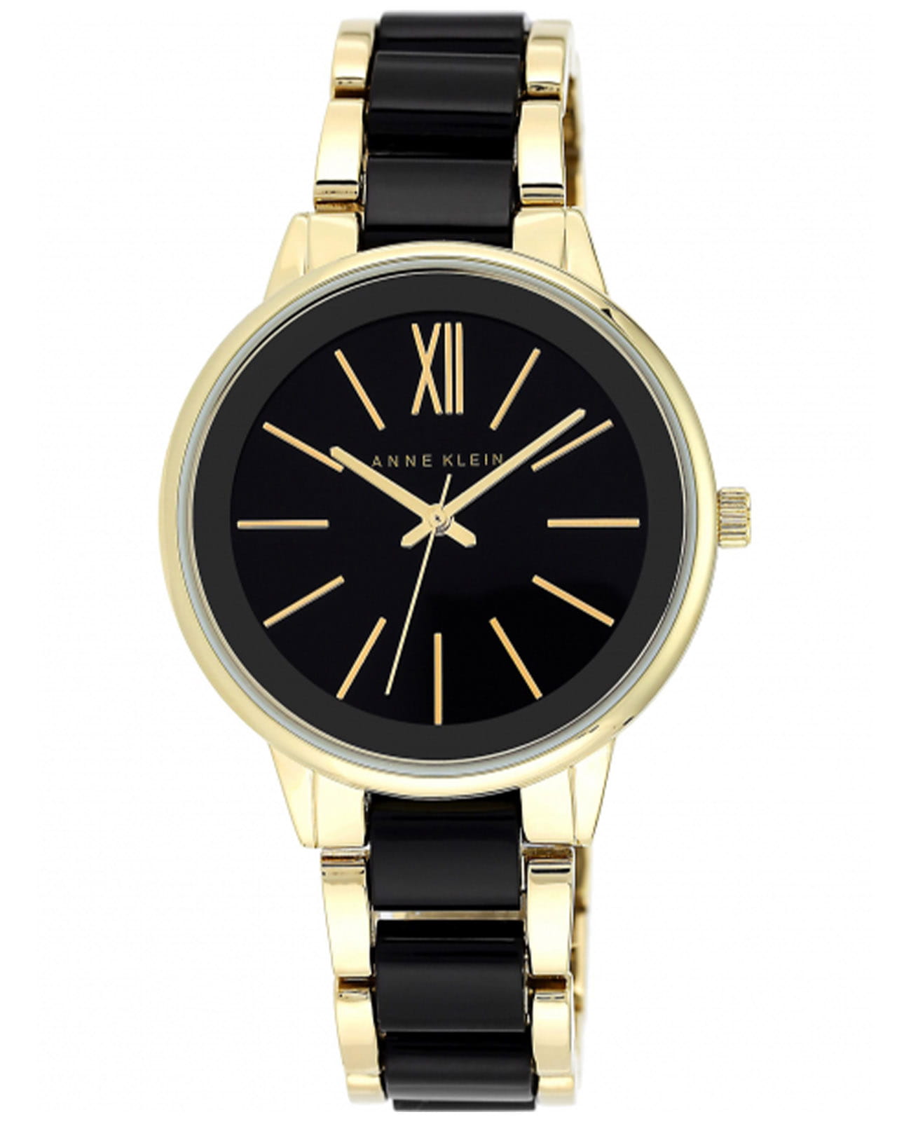 Anne Klein Anne Klein Plastic 1412BKGB  1412BKGB кварцевые женские часы черный циферблат, браслет сталь c pvd покрытием + пластик — вид спереди