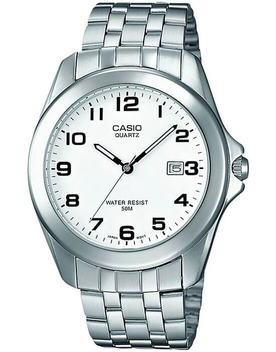 Casio Casio MTP-1222A-7B  MTP-1222A-7B кварцевые мужские часы белый циферблат, браслет нержавеющая сталь — вид спереди