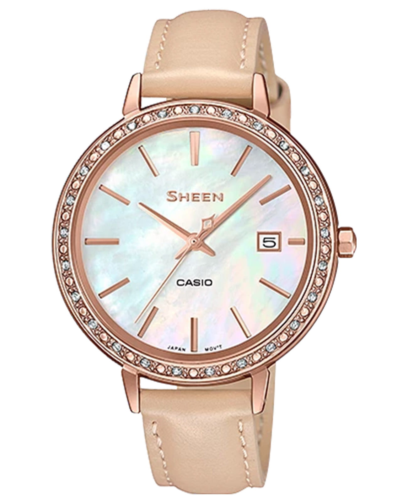 Casio Casio Sheen SHE-4052PGL-7BUEF  SHE-4052PGL-7B кварцевые женские часы перламутровый циферблат, браслет кожаный — вид спереди