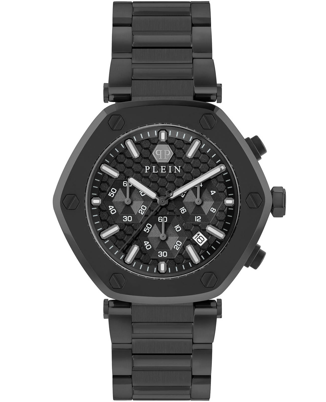 Philipp Plein Philipp Plein The Hexagon Chrono PWZBA0623  PWZBA0623 кварцевые мужские часы черный циферблат, браслет нержавеющая сталь с ip-покрытием — вид спереди