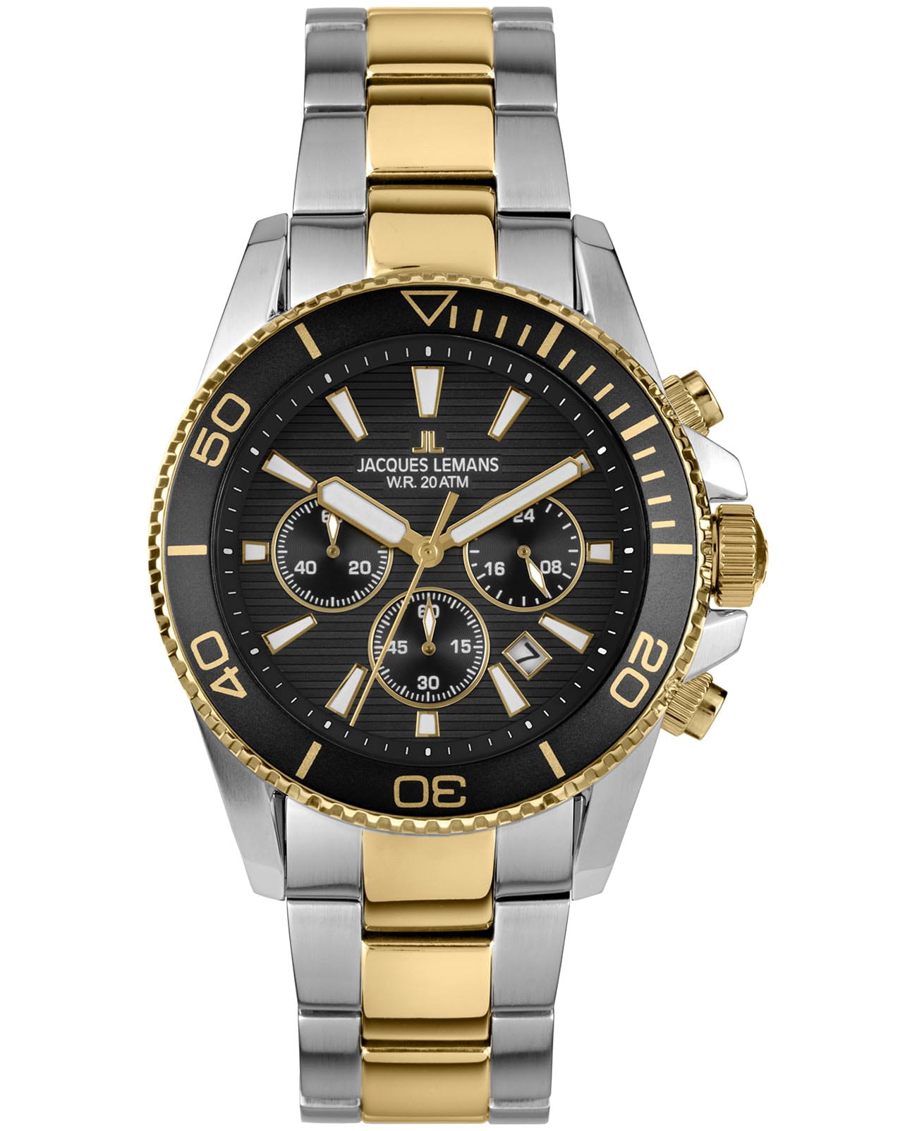 Jacques Lemans Jacques Lemans Liverpool Diver 1-2206L  1-2206L кварцевые мужские часы черный циферблат, браслет нержавеющая сталь с pvd-покрытием — вид спереди