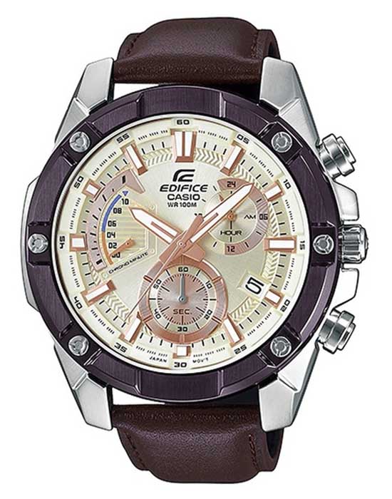 Casio Casio Edifice EFR-559BL-7A EFR EFR-559BL-7A кварцевые мужские часы шампань циферблат, браслет кожаный — вид спереди