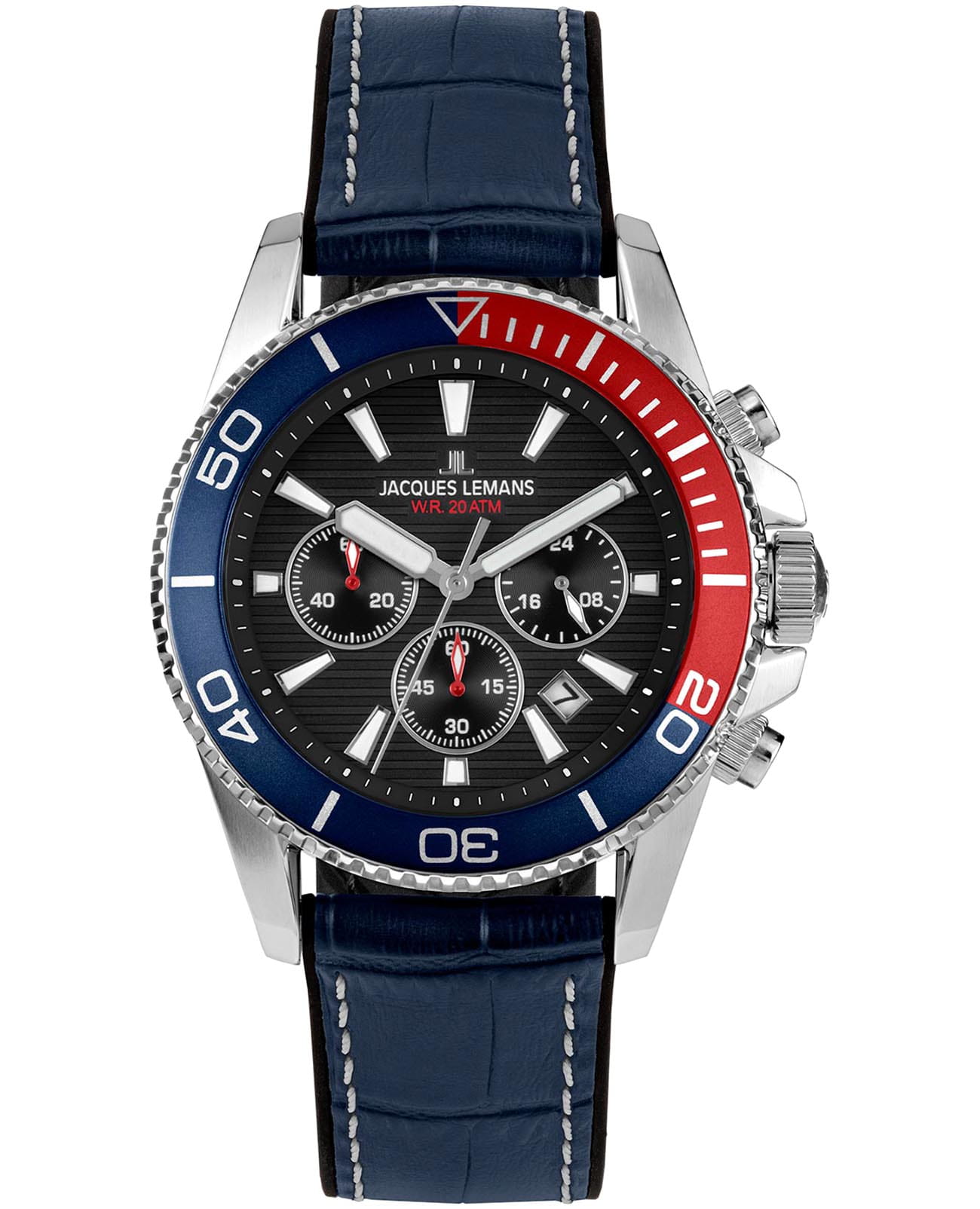 Jacques Lemans Jacques Lemans Liverpool Diver 1-2206D  1-2206D кварцевые мужские часы черный циферблат, браслет кожа + силикон — вид спереди