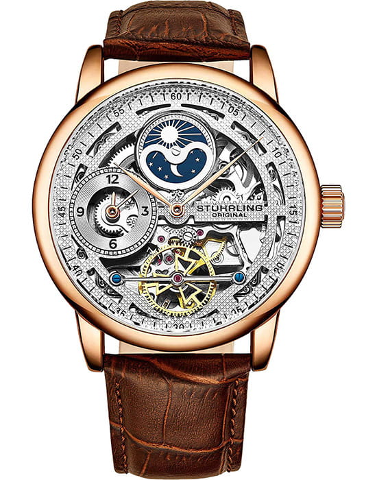 Stuhrling Stuhrling Legacy 3917.3  3917.3 механические мужские часы серебристый циферблат, браслет кожаный — вид спереди