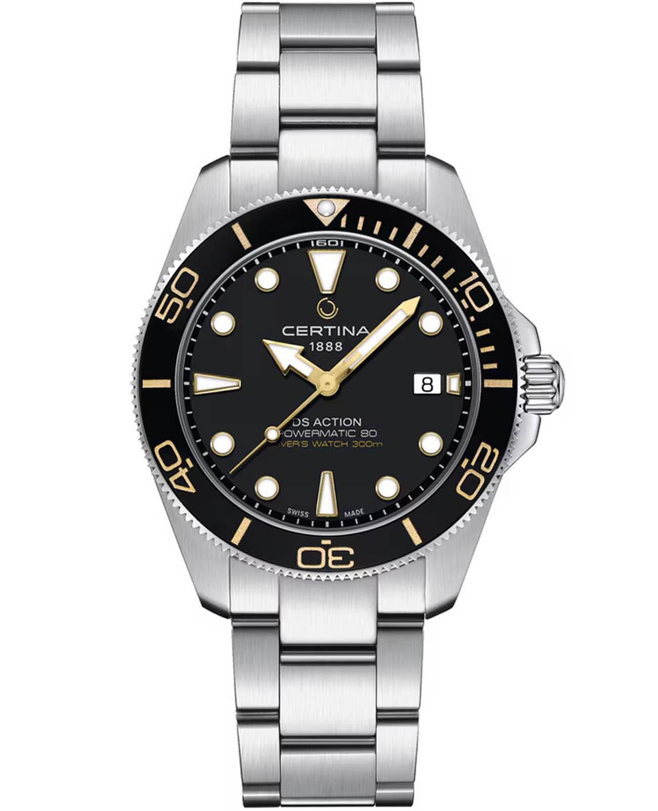 Certina Certina DS Action C048.407.11.051.01 DS Action C0484071105101 механические мужские часы черный циферблат, браслет нержавеющая сталь 316l — вид спереди