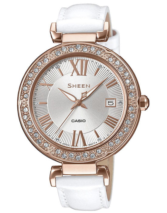 Casio Casio Sheen SHE-4057PGL-7AUER  SHE-4057PGL-7A кварцевые женские часы серебристый циферблат, браслет кожаный — вид спереди
