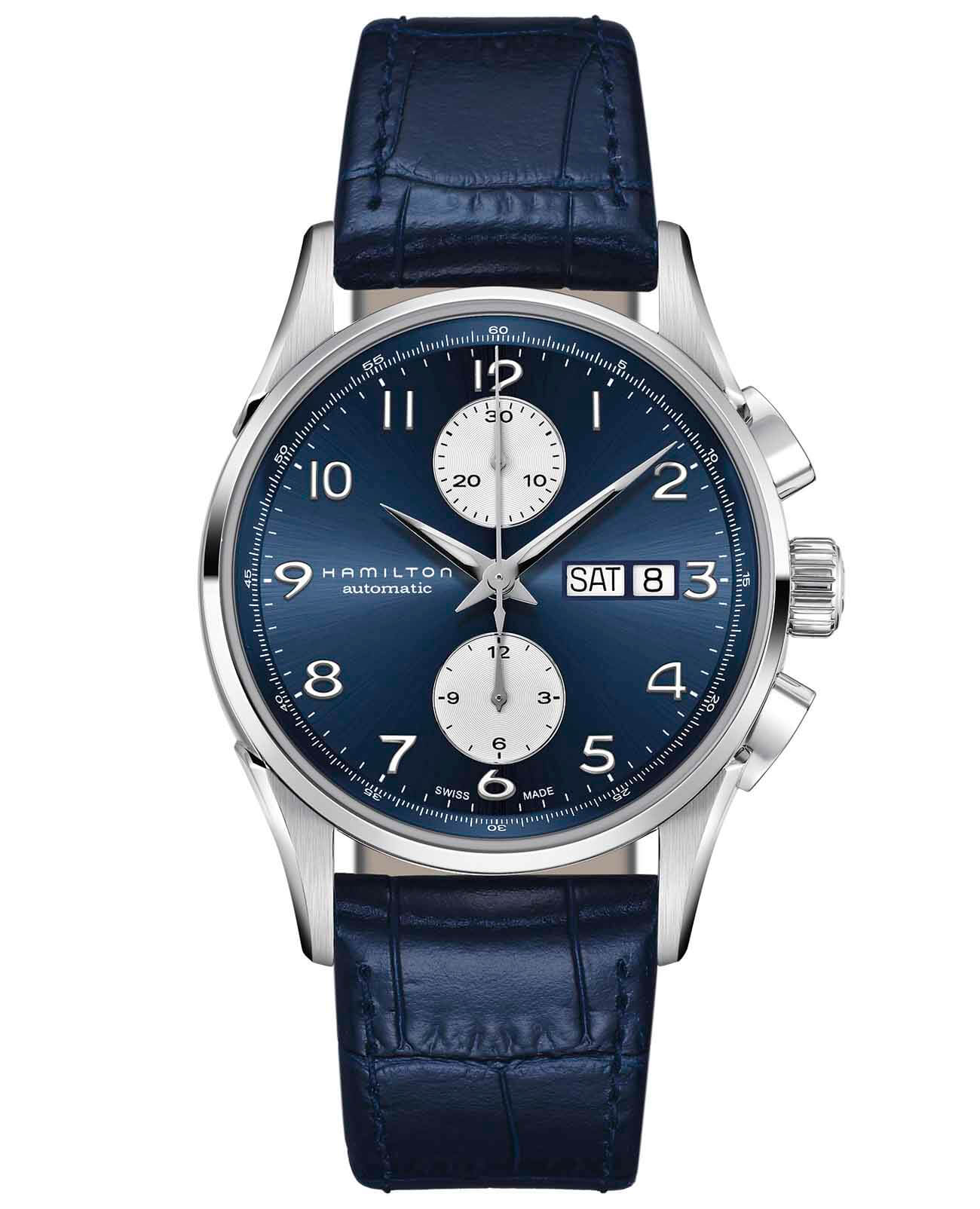 Hamilton Hamilton Jazzmaster Maestro Auto Chrono H32576641  H32576641 механические мужские часы синий циферблат, браслет кожаный — вид спереди