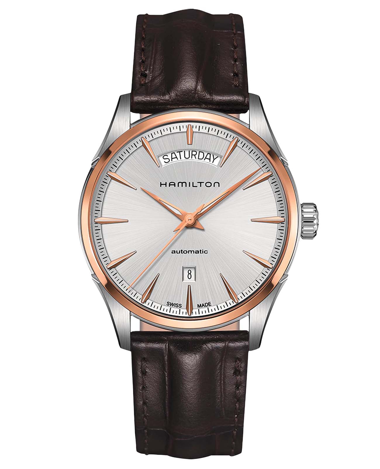 Hamilton Hamilton Jazzmaster Day Date Auto H42525551  H42525551 механические мужские часы серебристый циферблат, браслет кожаный — вид спереди