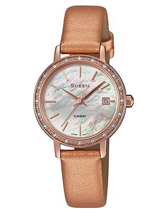 Casio Casio Sheen SHE-4060PGL-4A  SHE-4060PGL-4A кварцевые женские часы перламутровый циферблат, браслет кожаный — вид спереди