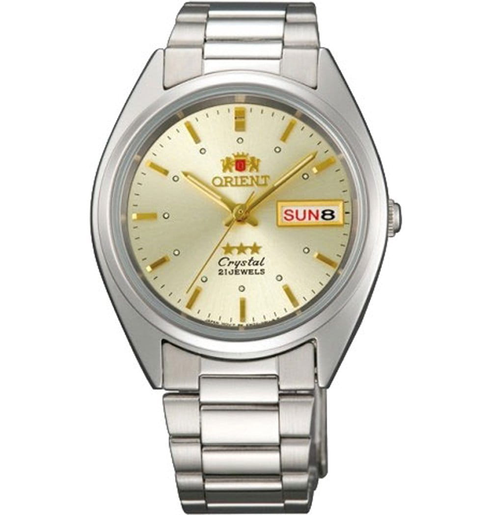 Orient Orient AB00005C (FAB00005C)  FAB00005C механические мужские часы золотой циферблат, браслет нержавеющая сталь — вид спереди