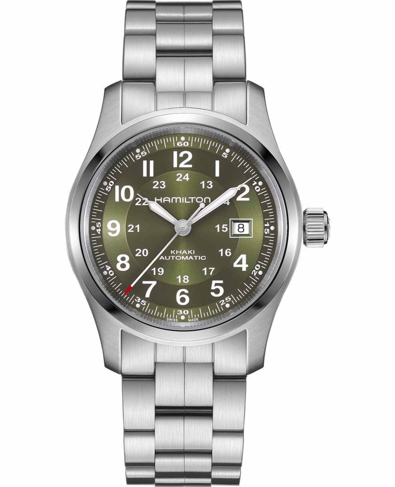 Hamilton Hamilton Khaki Field Auto H70605160  H70605160 механические мужские часы зеленый циферблат, браслет нержавеющая сталь — вид спереди