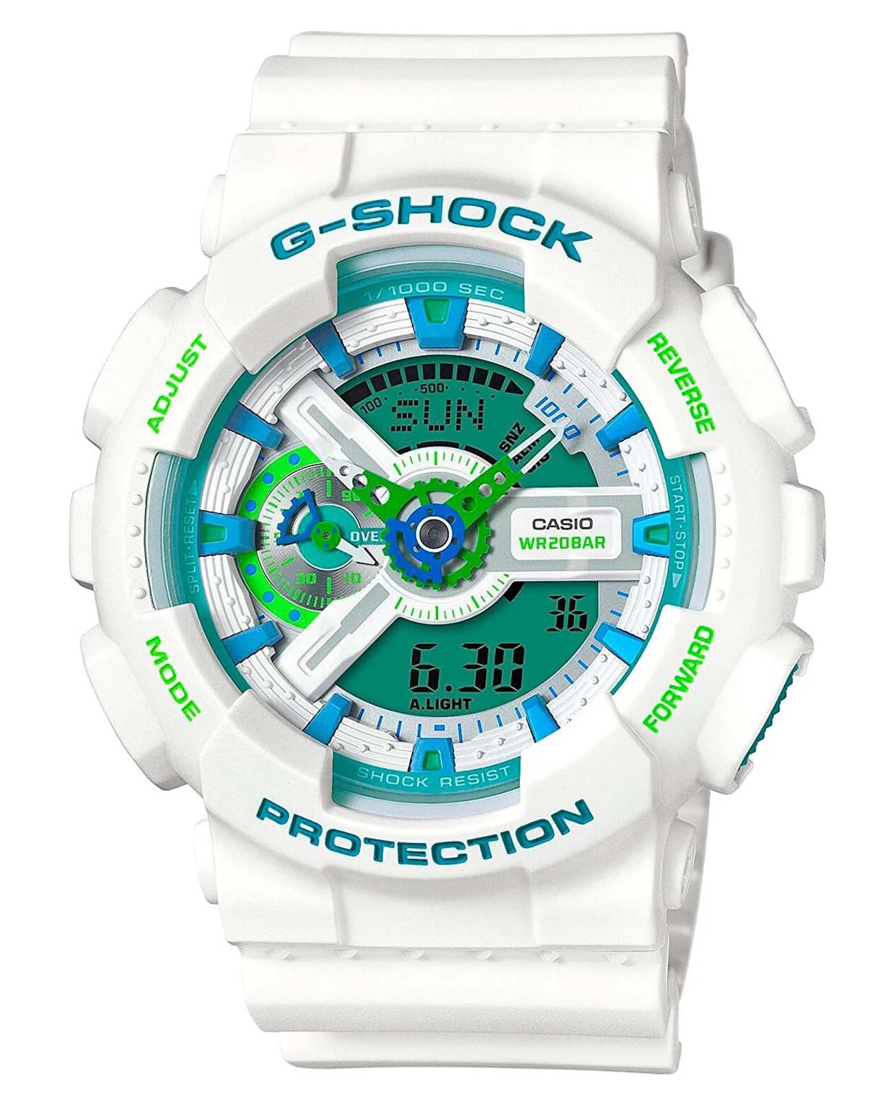 Casio Casio G-Shock GA-110WG-7A GA-110 GA-110WG-7A электронные мужские часы зеленый циферблат, браслет пластик — вид спереди
