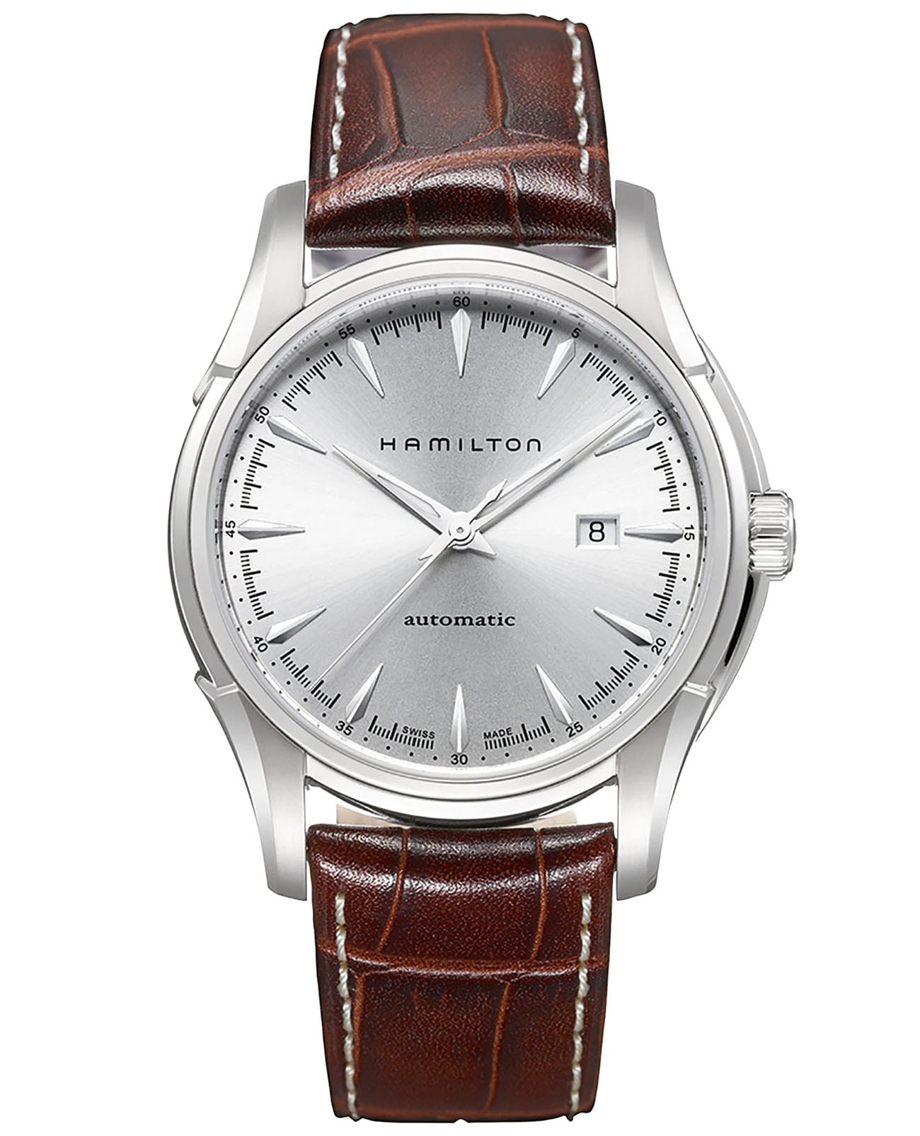 Hamilton Hamilton Jazzmaster Viewmatic Auto H32715551  H32715551 механические мужские часы серебристый циферблат, браслет кожаный — вид спереди