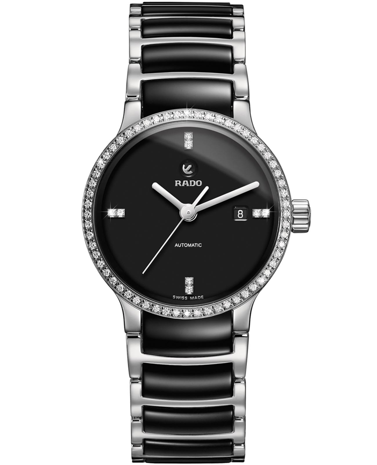 Rado Rado Centrix Automatic Diamonds R30160712 Automatic R30160712 механические женские часы черный циферблат, браслет сталь + высокотехнологичная керамика — вид спереди