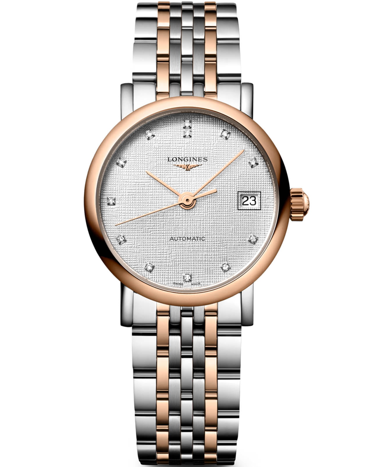 Longines Longines Elegance Elegant Collection 25.50 mm L4.309.5.79.7  L43095797 механические женские часы серый циферблат, браслет нержавеющая сталь и 18 каратное розовое золото — вид спереди