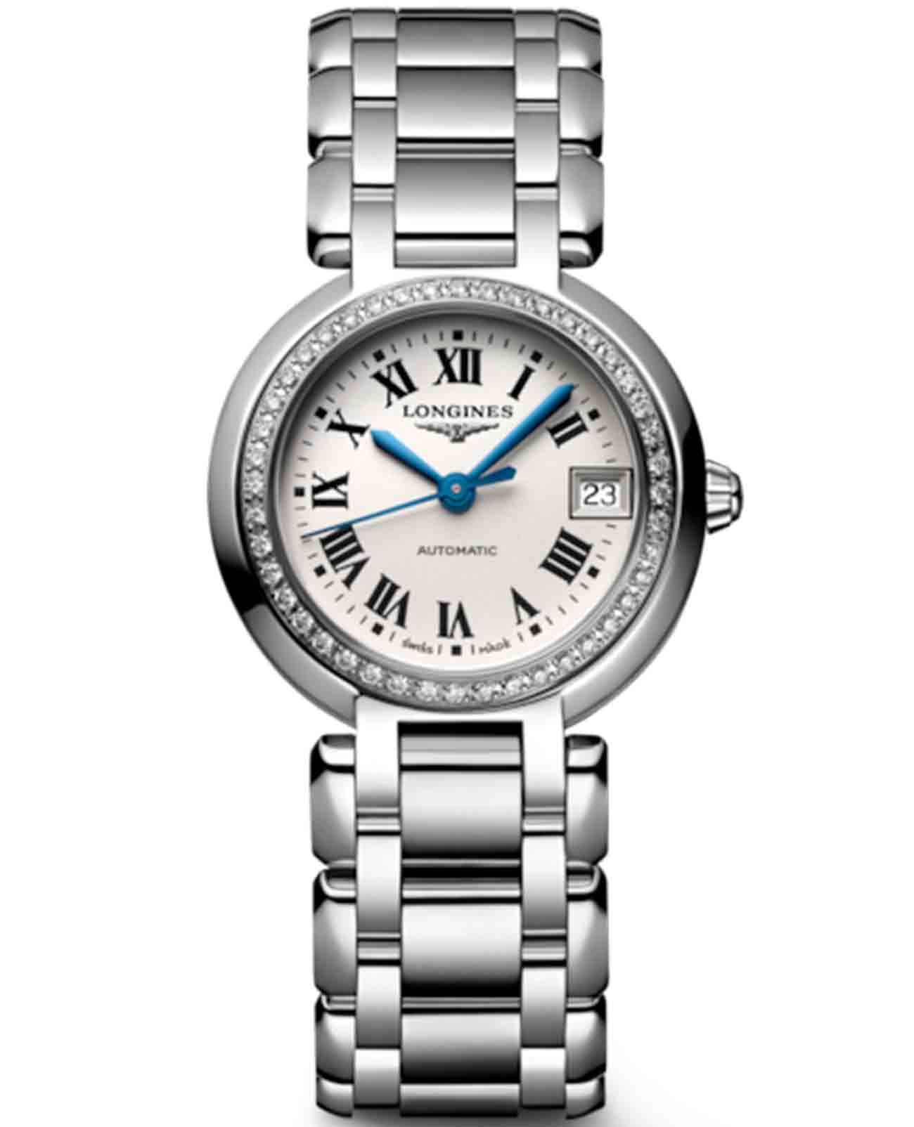 Longines Longines PrimaLuna L8.111.0.71.6  L81110716 механические женские часы серебристый циферблат, браслет нержавеющая сталь — вид спереди