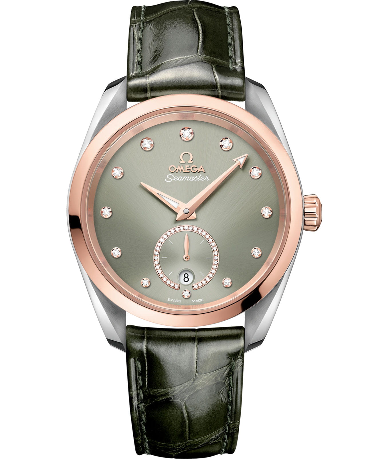 Omega Omega Seamaster Aqua Terra 220.23.38.20.60.001 Aqua Terra 22023382060001 механические женские часы зеленый циферблат, браслет кожаный — вид спереди