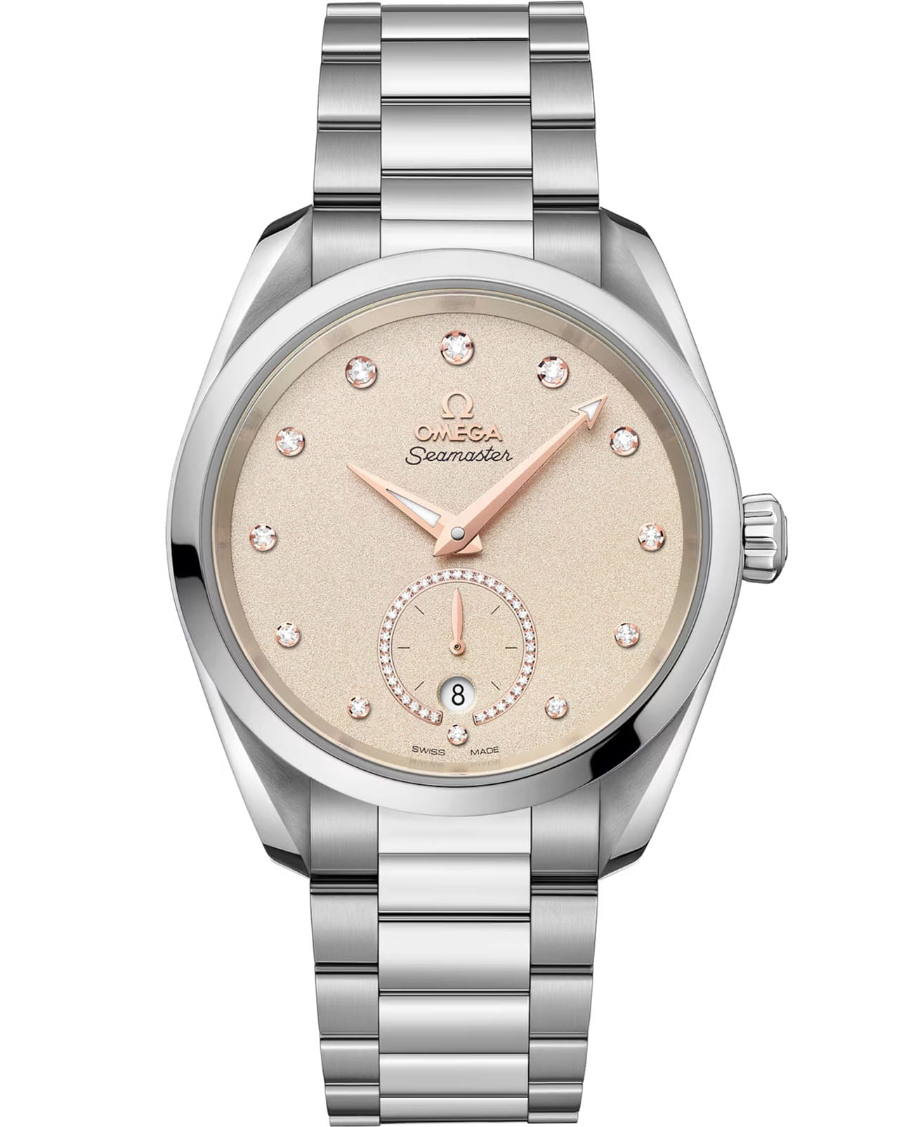 Omega Omega Seamaster Aqua Terra  220.10.38.20.59.001 Aqua Terra 22010382059001 механические женские часы бежевый циферблат, браслет нержавеющая сталь — вид спереди