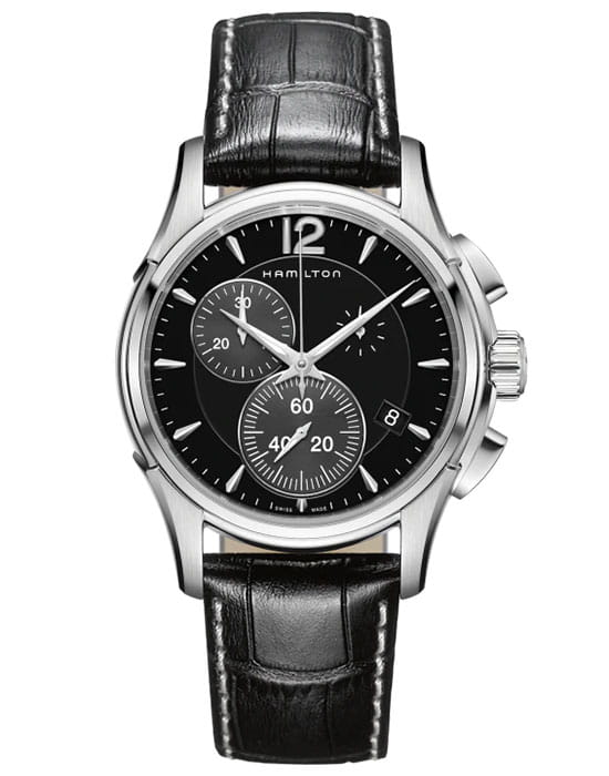 Hamilton Hamilton Jazzmaster Chrono Quartz H32612731  H32612731 кварцевые мужские часы черный циферблат, браслет кожаный — вид спереди