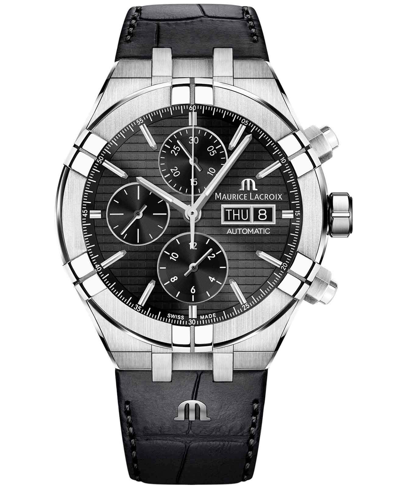 Maurice Lacroix Maurice Lacroix Aikon Automatic Chronograph AI6038-SS001-330-1  AI6038-SS001-330-1 механические мужские часы черный циферблат, браслет кожаный — вид спереди