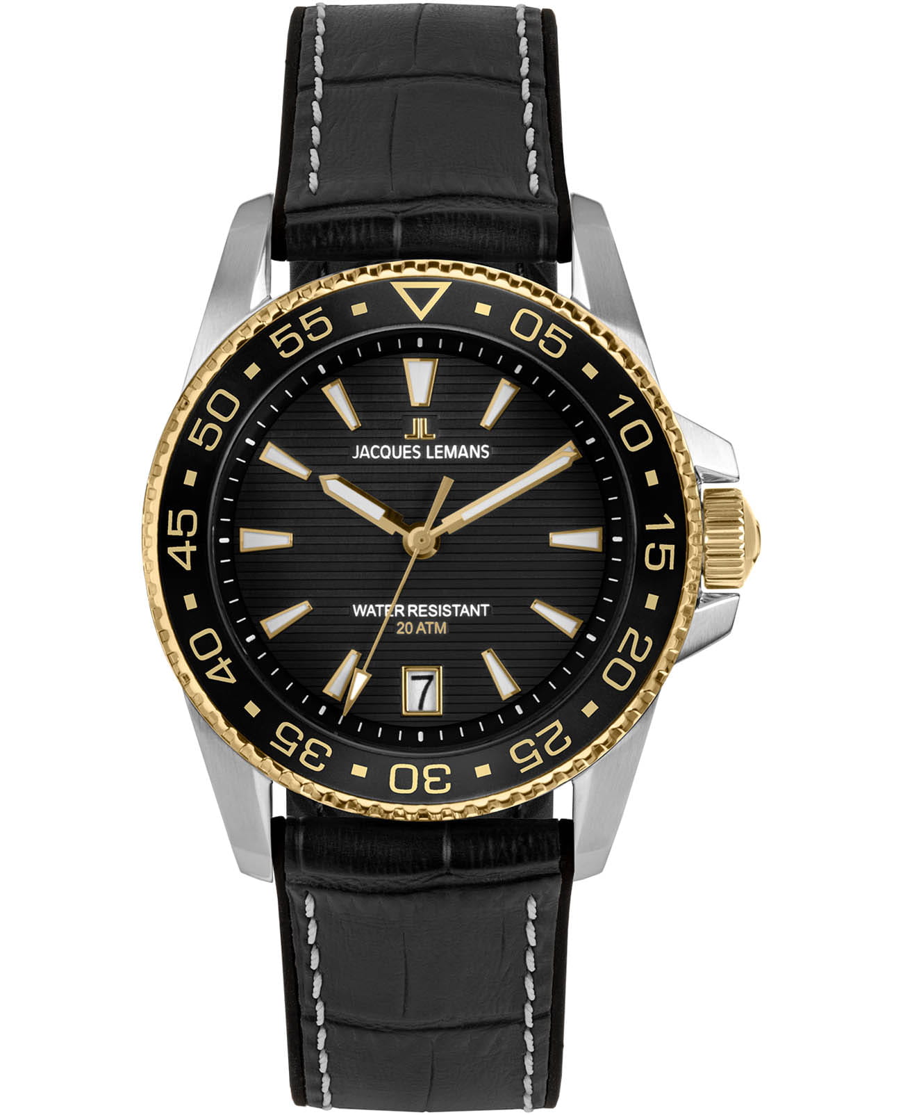 Jacques Lemans Jacques Lemans Liverpool Diver 1-2205G  1-2205G кварцевые мужские часы черный циферблат, браслет кожа + силикон — вид спереди