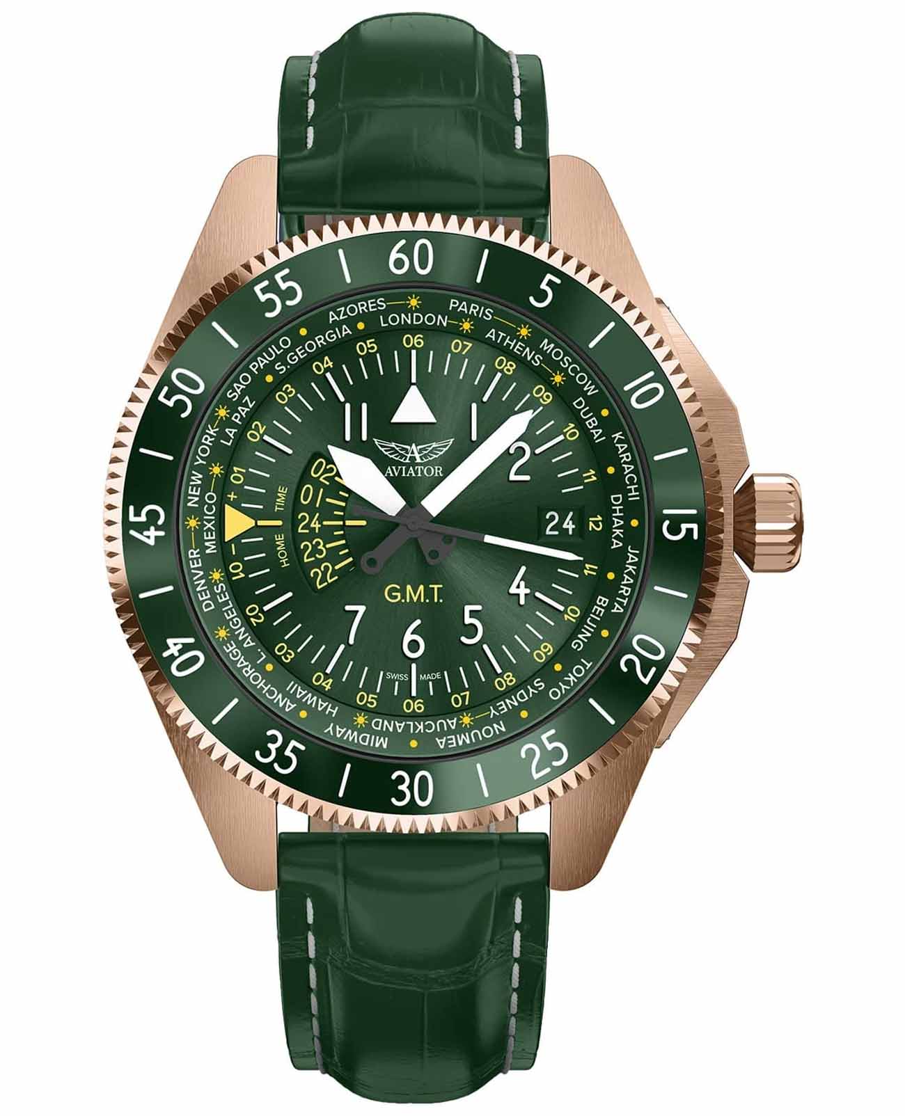 Aviator Aviator Airacobra V.1.37.2.309.4  V.1.37.2.309.4 кварцевые мужские часы зеленый циферблат, браслет кожаный — вид спереди