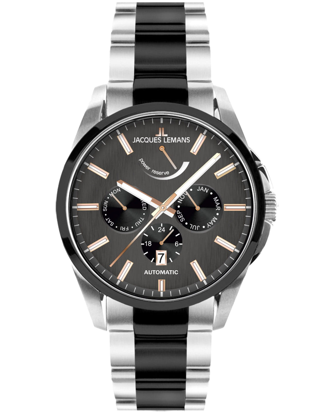 Jacques Lemans Jacques Lemans Derby 1-2204F  1-2204F механические мужские часы черный циферблат, браслет нержавеющая сталь с pvd-покрытием — вид спереди