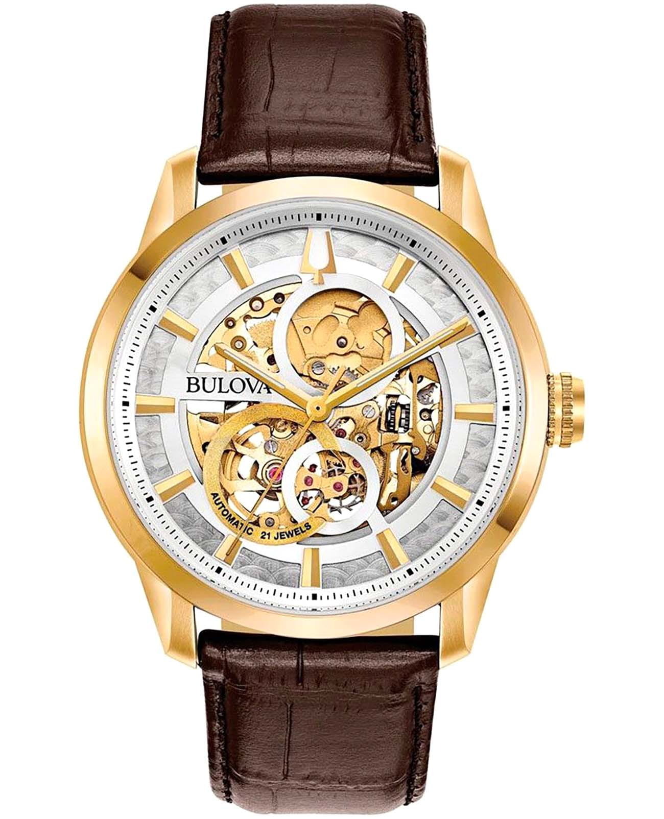 Bulova Bulova Sutton 97A138  97A138 механические мужские часы цветной циферблат, браслет кожаный — вид спереди