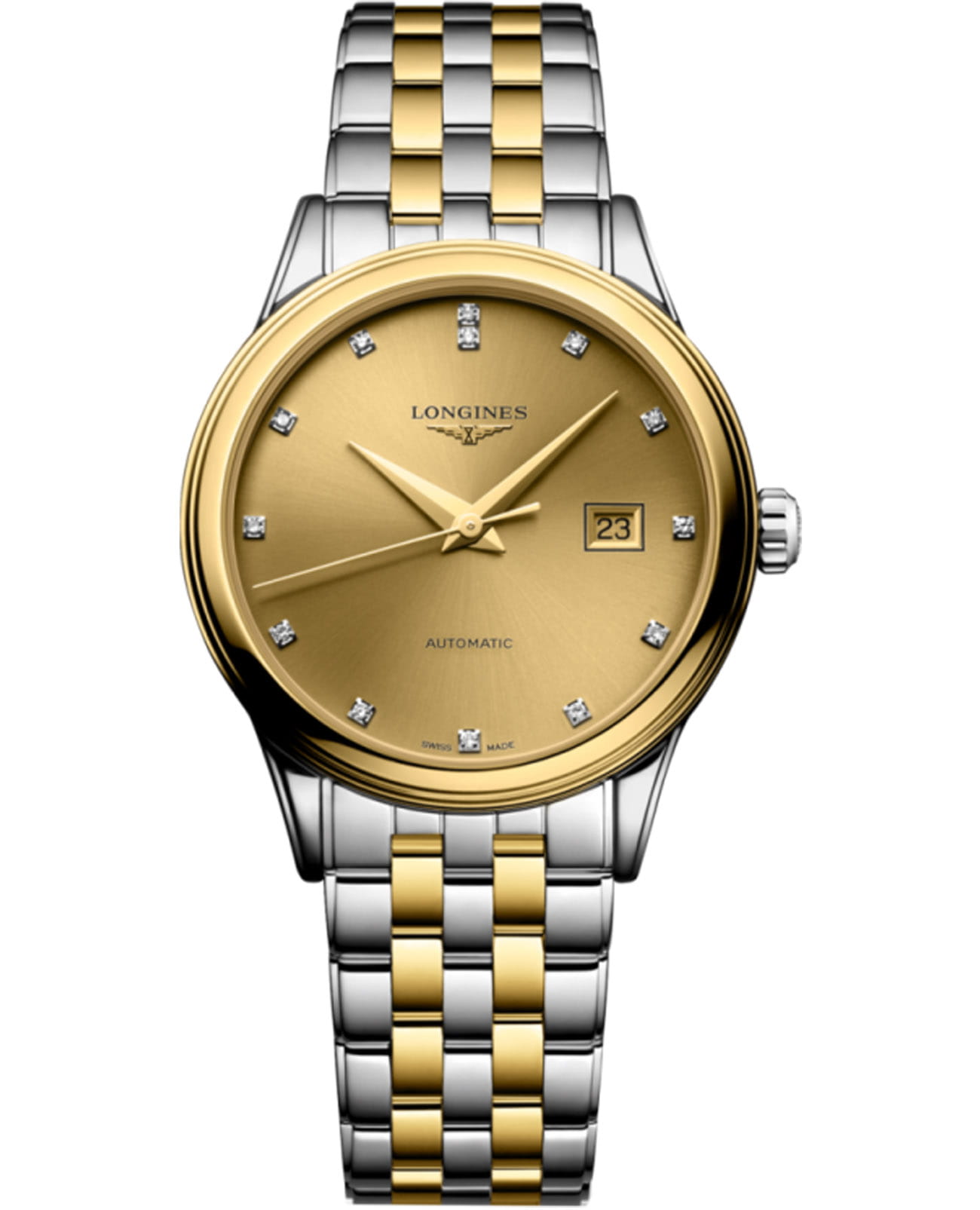 Longines Longines Flagship L4.374.3.38.7  L43743387 механические женские часы золотой циферблат, браслет сталь c pvd покрытием — вид спереди