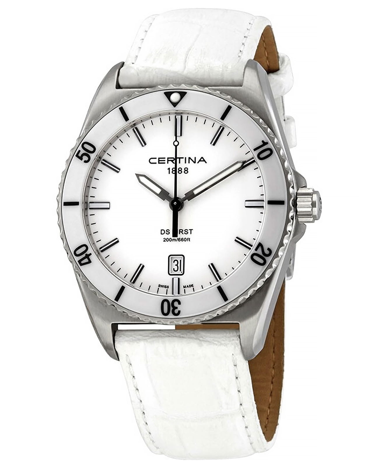 Certina Certina DS First C014.410.16.011.00 DS First C0144101601100 кварцевые мужские часы белый циферблат, браслет кожаный — вид спереди