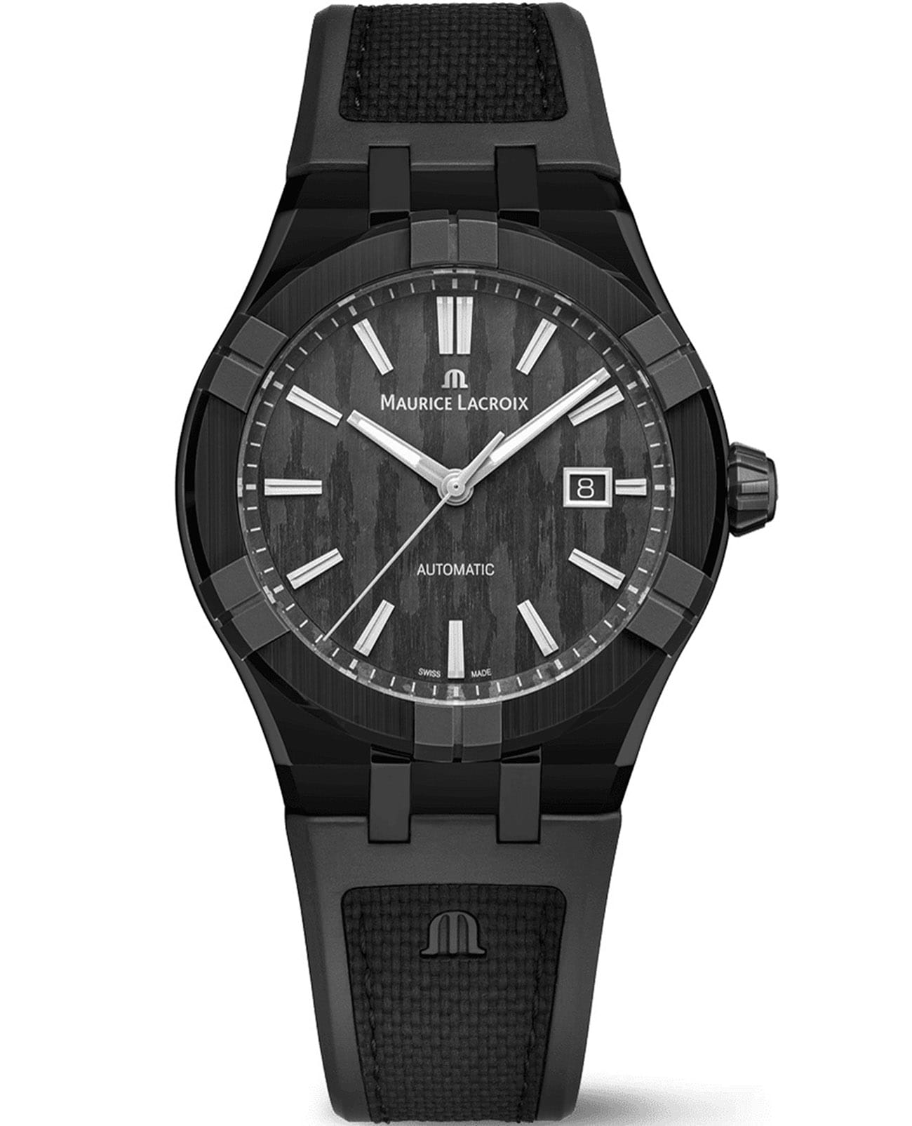 Maurice Lacroix Maurice Lacroix Aikon Automatic 43 mm AC6008-TTB00-330-2  AC6008-TTB00-330-2  механические мужские часы черный циферблат, браслет каучук — вид спереди