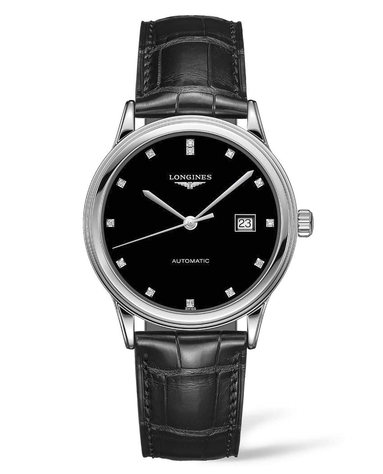 Longines Longines Flagship L4.984.4.57.2  L49844572 механические женские часы черный циферблат, браслет кожаный — вид спереди