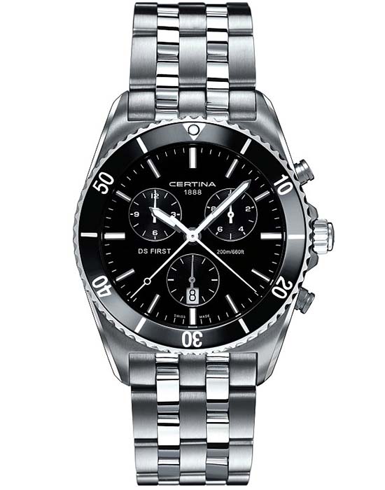 Certina Certina DS First C014.417.11.051.00 DS First C0144171105100 кварцевые мужские часы черный циферблат, браслет нержавеющая сталь — вид спереди