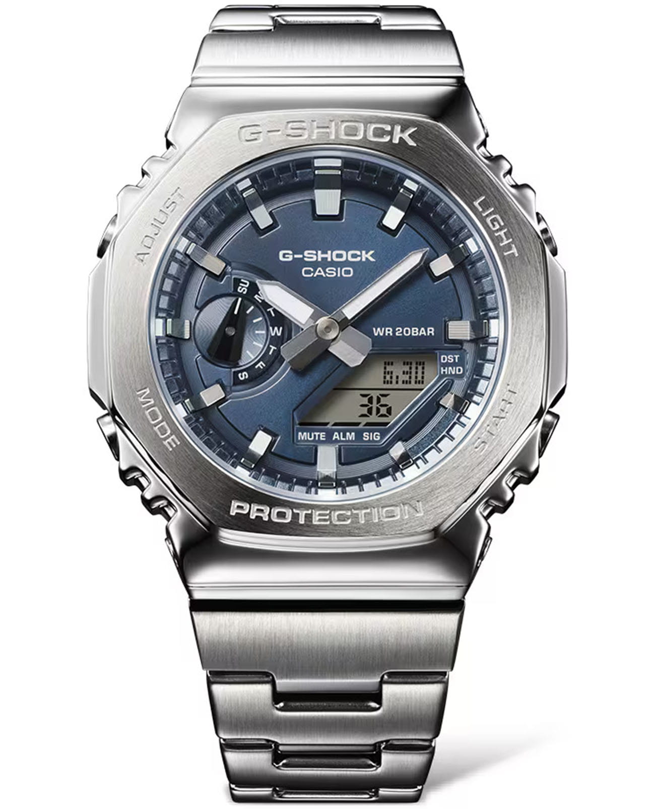 Casio Casio G-Shock GM-2110D-2B GM GM-2110D-2B электронные мужские часы синий циферблат, браслет нержавеющая сталь — вид спереди