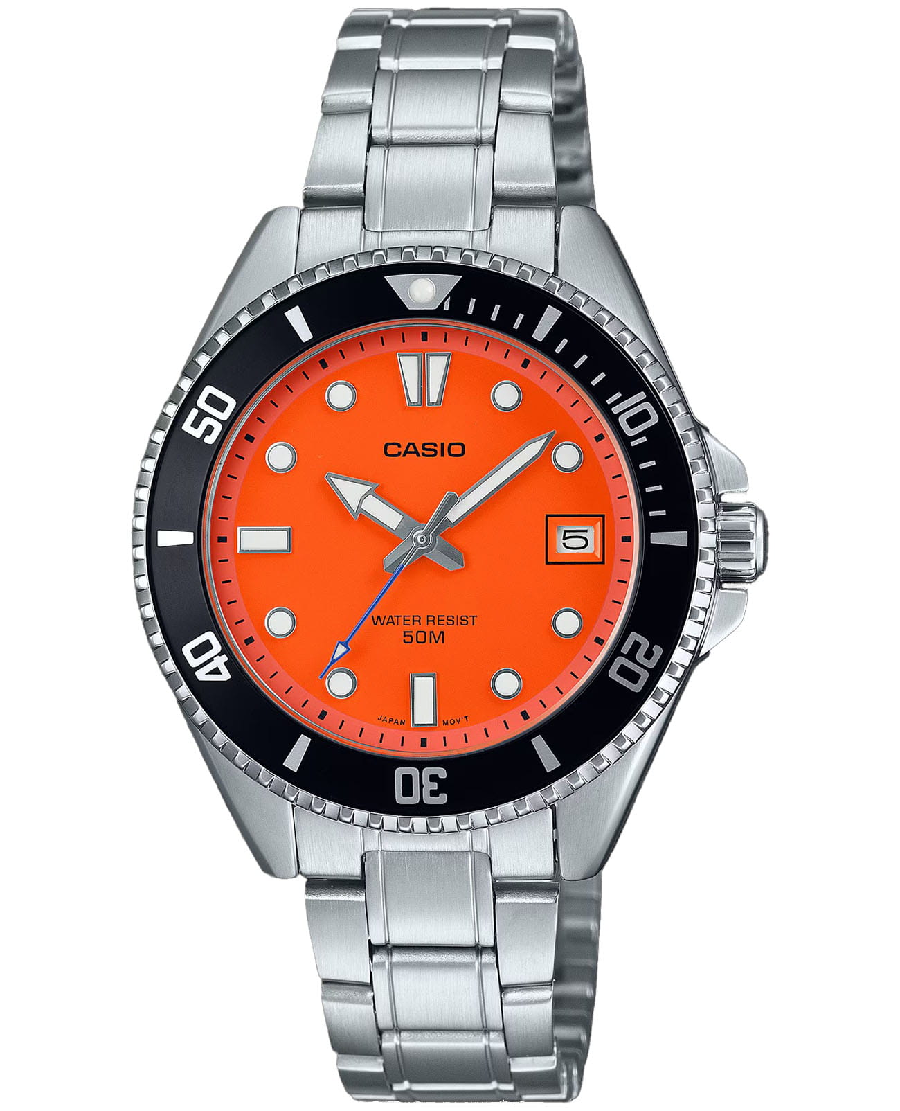 Casio Casio Collection MDV-10D-4A1VDF (MDV-10D-4A1)  MDV-10D-4A1V кварцевые мужские часы оранжевый циферблат, браслет нержавеющая сталь — вид спереди