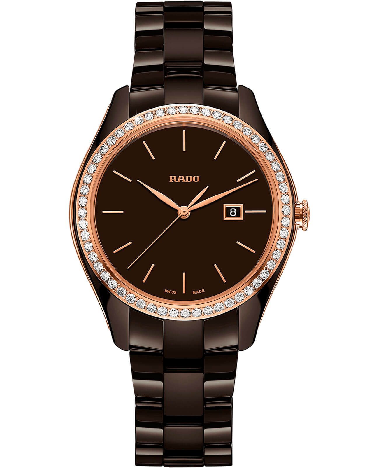 Rado Rado Hyperchrome Diamonds R32124302  R32124302 кварцевые женские часы коричневый циферблат, браслет высокотехнологичная керамика — вид спереди