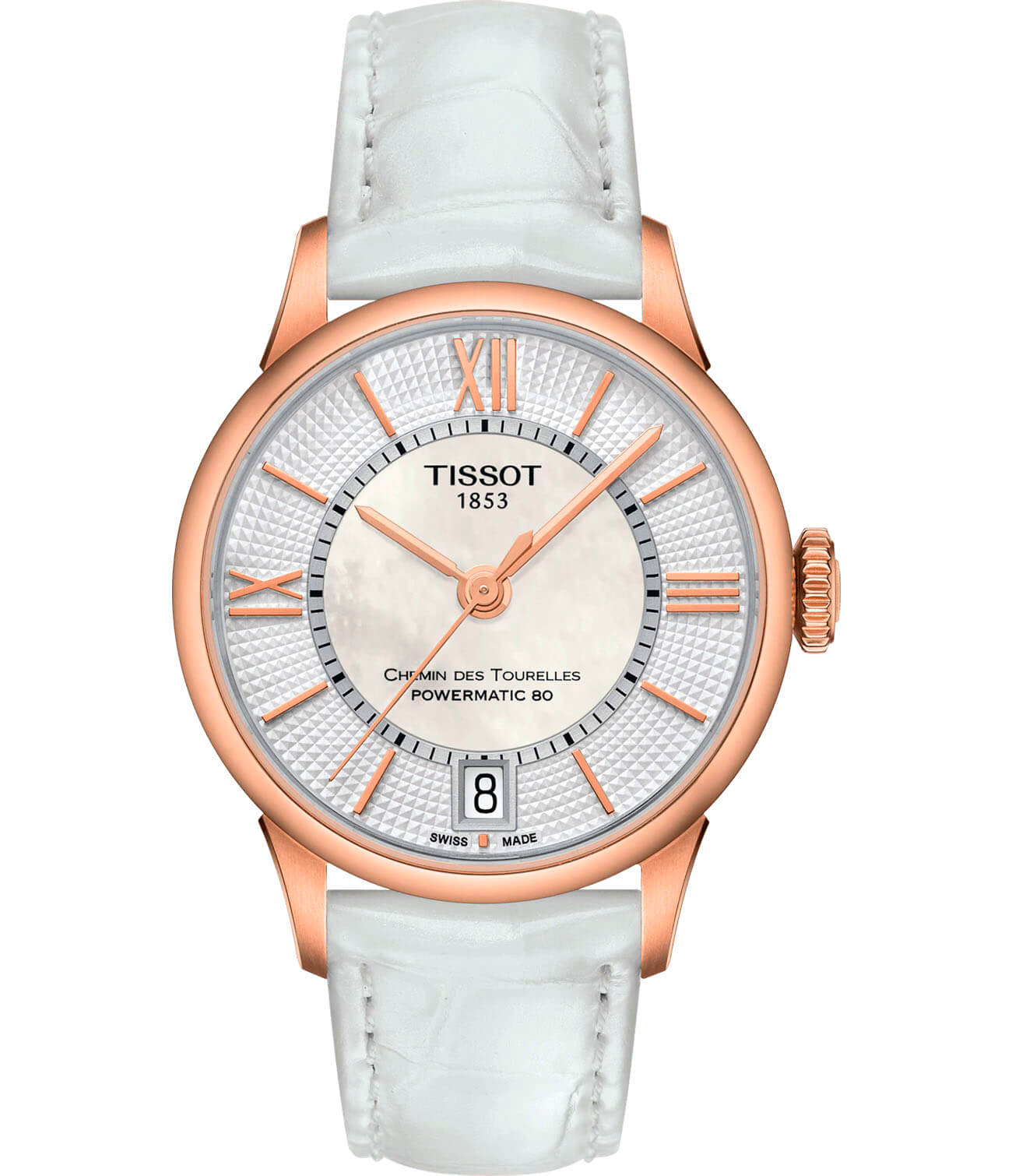 Tissot Tissot Chemin des Tourelles Powermatic 80 Lady T099.207.36.118.00 Chemin des Tourelles T0992073611800 механические женские часы белый циферблат, браслет кожаный — вид спереди