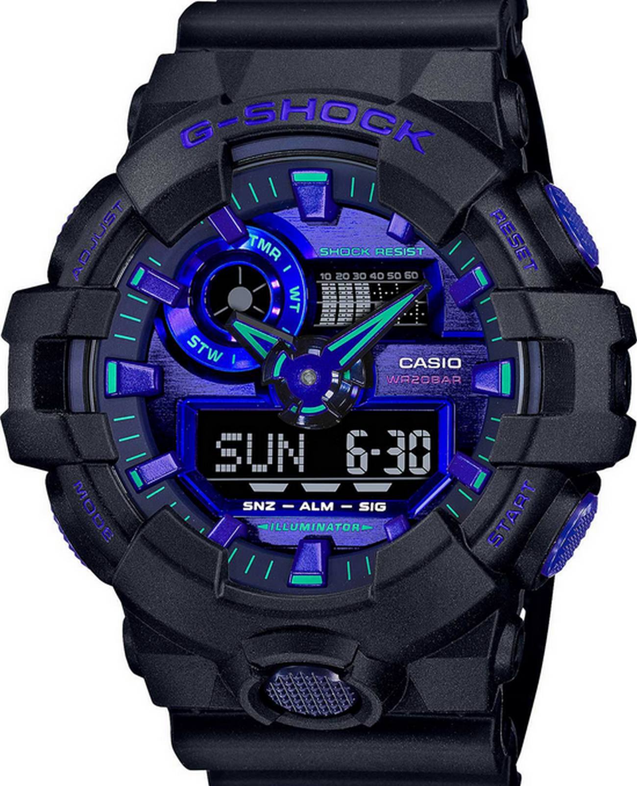 Casio Casio G-Shock GA-700VB-1A GA-700 GA-700VB-1AER электронные мужские часы фиолетовый циферблат, браслет пластик — вид спереди
