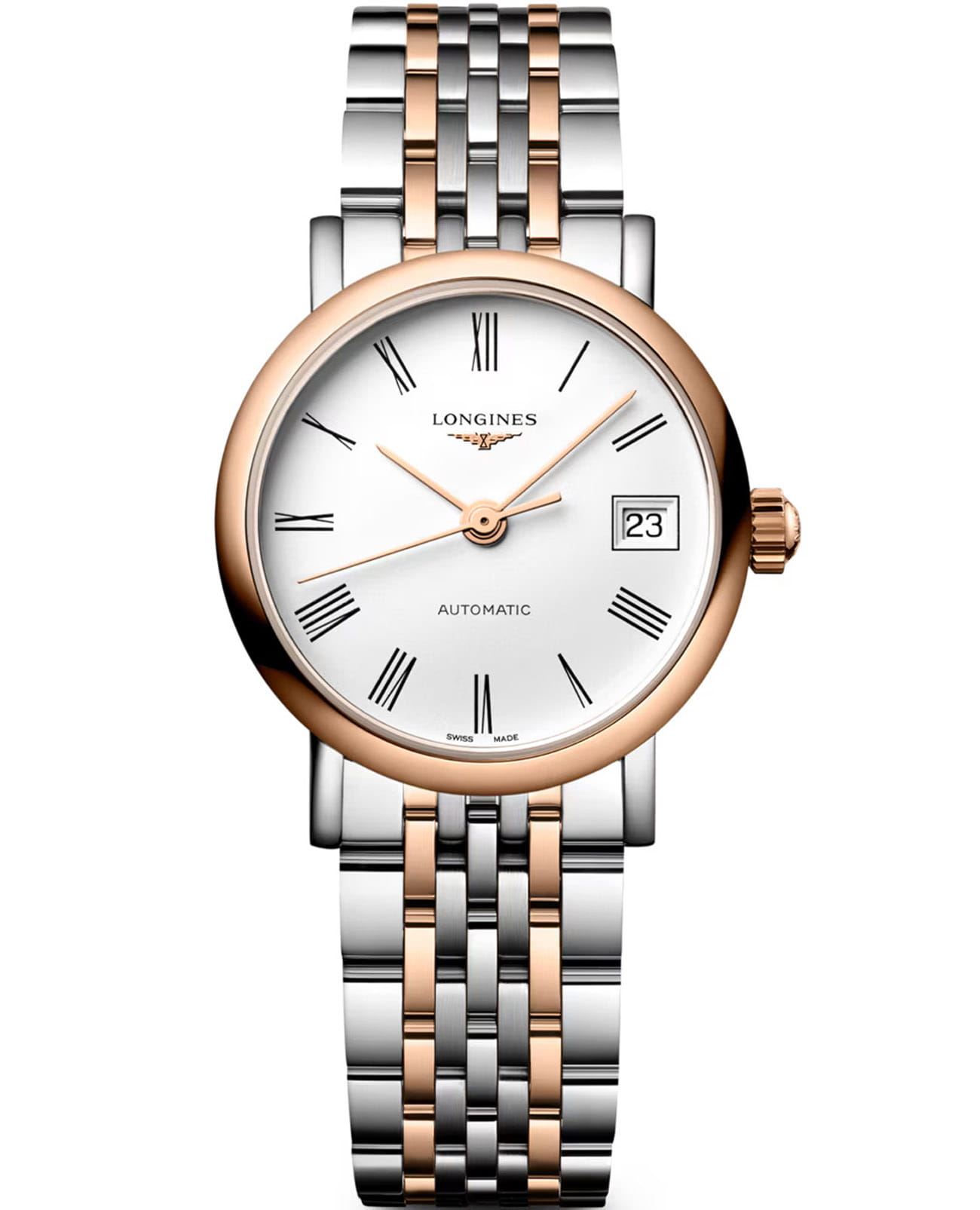 Longines Longines Elegance Elegant Collection 25.50 mm L4.309.5.18.7  L43095187 механические женские часы белый циферблат, браслет нержавеющая сталь и 18 каратное розовое золото — вид спереди