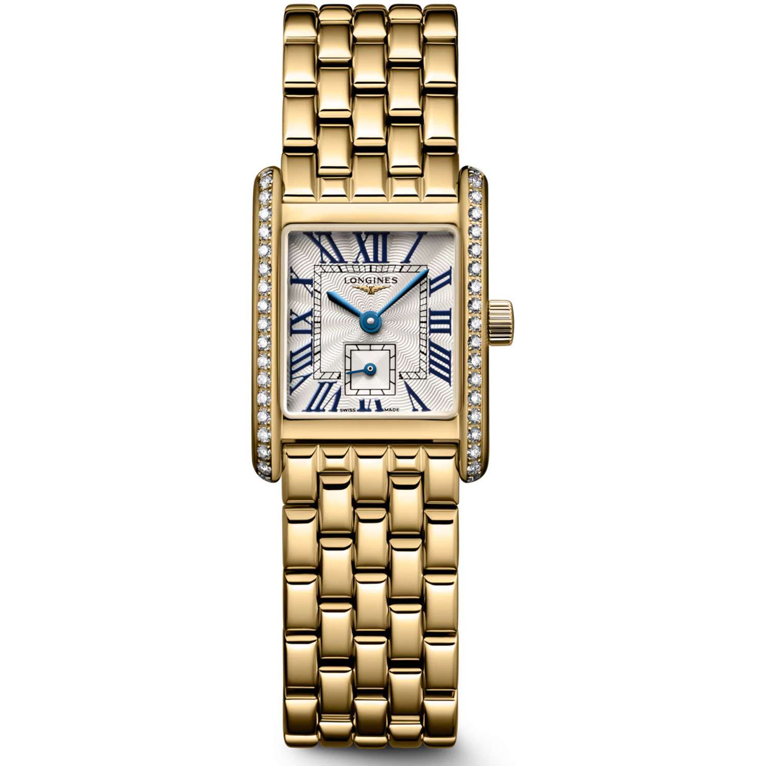 Longines Longines Mini DolceVita L5.200.7.71.6  L52007716 кварцевые женские часы белый циферблат, браслет 18-каратное желтое золото — вид спереди