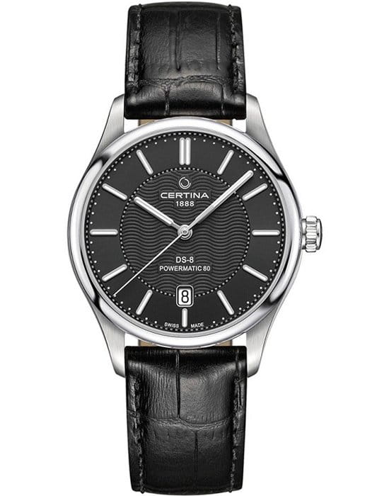 Certina Certina DS-8 Powermatic 80 C033.407.16.051.00 DS 8 C0334071605100 механические мужские часы черный циферблат, браслет кожаный — вид спереди