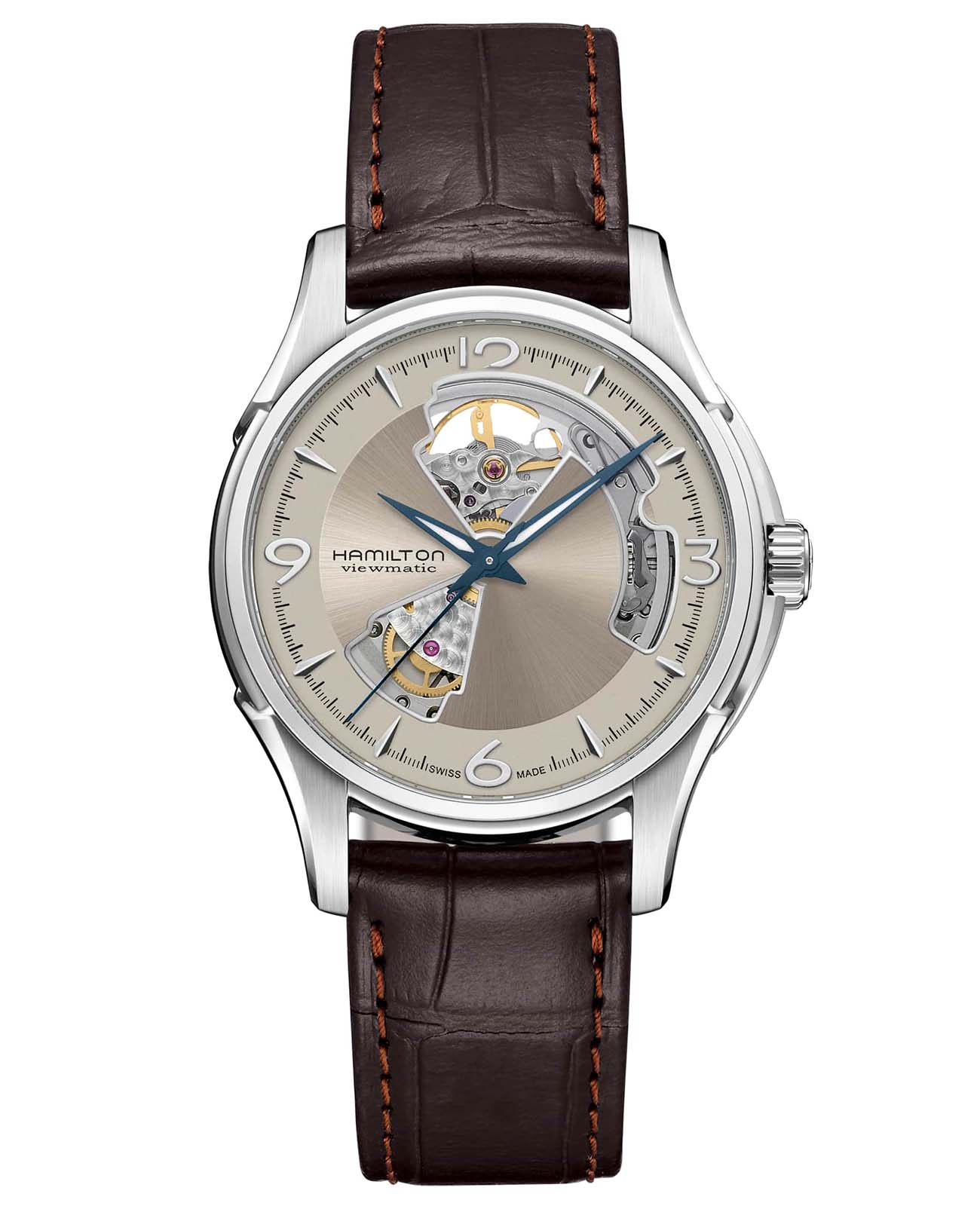 Hamilton Hamilton Jazzmaster Open Heart Auto H32565521  H32565521 механические мужские часы антрацитовый циферблат, браслет кожаный — вид спереди
