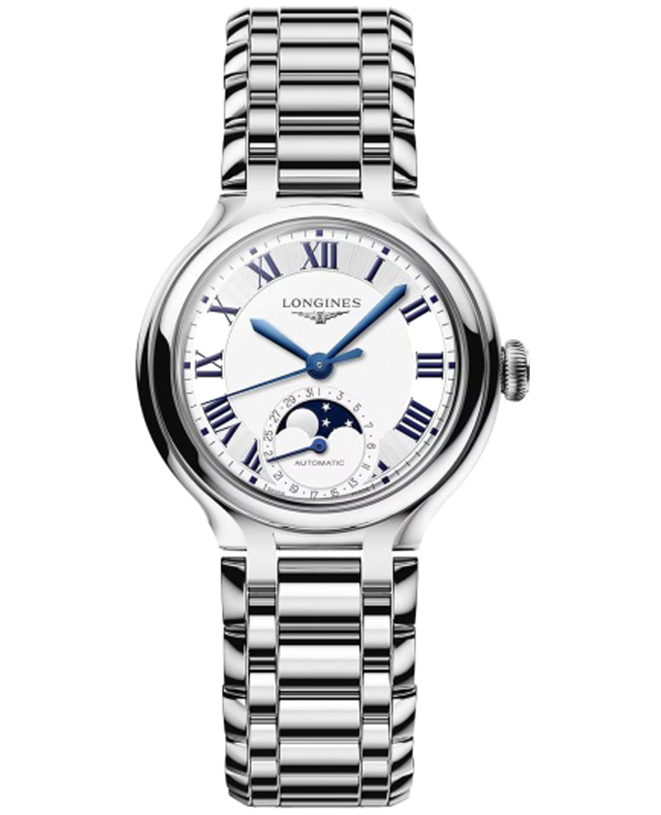 Longines Longines PrimaLuna L8.126.4.71.6  L81264716 механические женские часы серебристый циферблат, браслет нержавеющая сталь — вид спереди