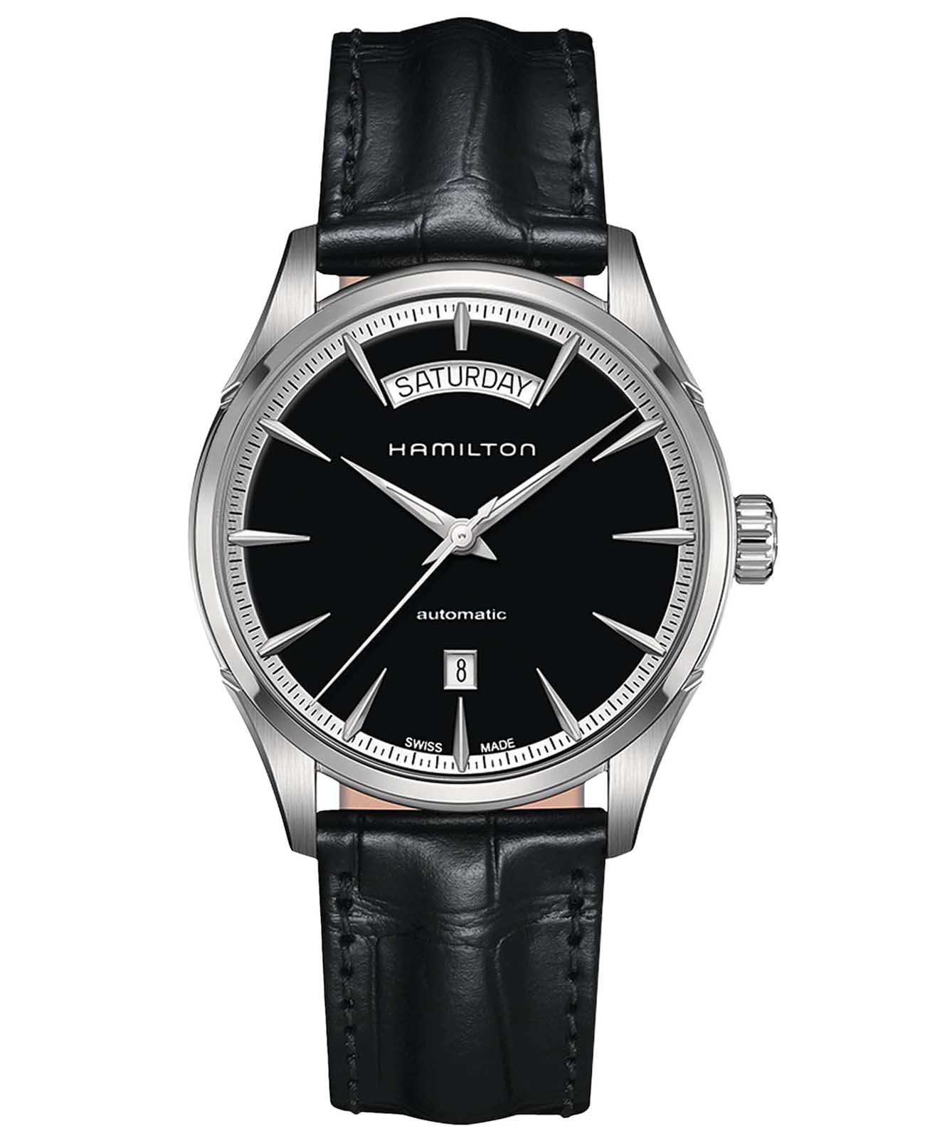 Hamilton Hamilton Jazzmaster Day Date Auto H42565731  H42565731 механические мужские часы серебристый циферблат, браслет кожаный — вид спереди